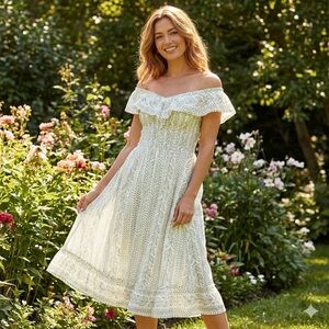 Sail to Sable Smocked Bodice Silk Cotton Midi Dress Green Soft Girl Feminine Med